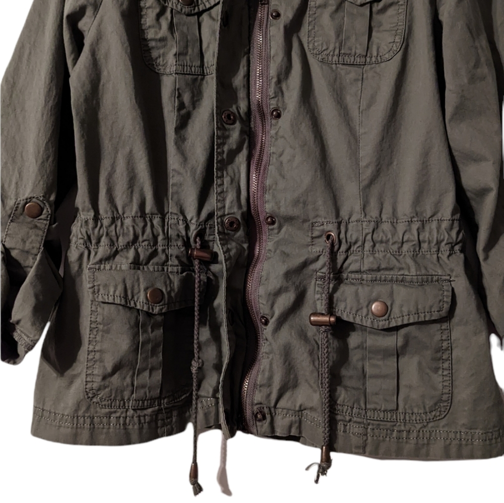 Ashley International Military Cotton Olive Zip Pull Tab Elastic Utility Jacket - Picture 4 of 15